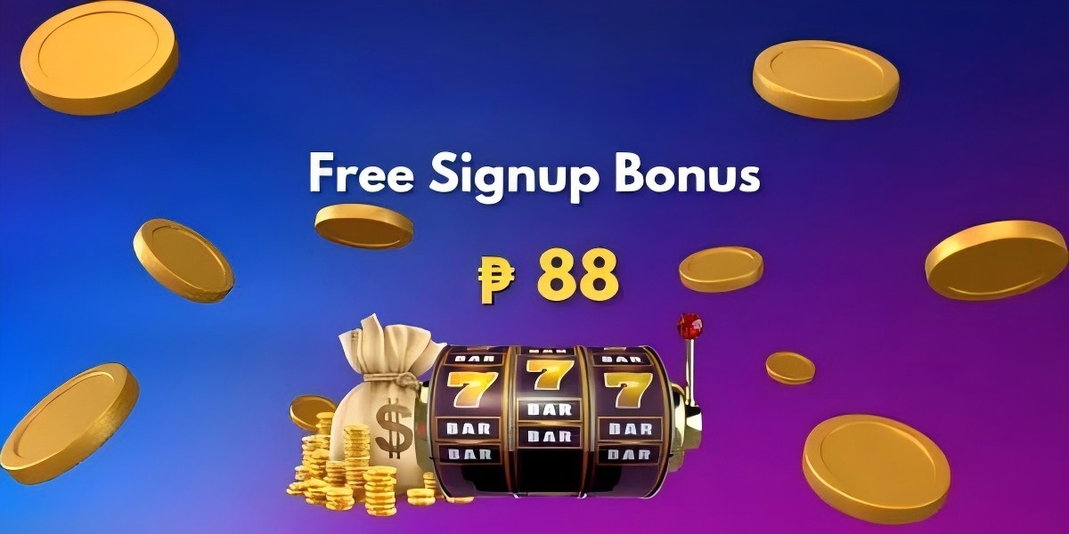 Golden slot machine showing triple sevens beside a money bag and coins, with a free signup bonus of 88 pesos on a blue and purple banner